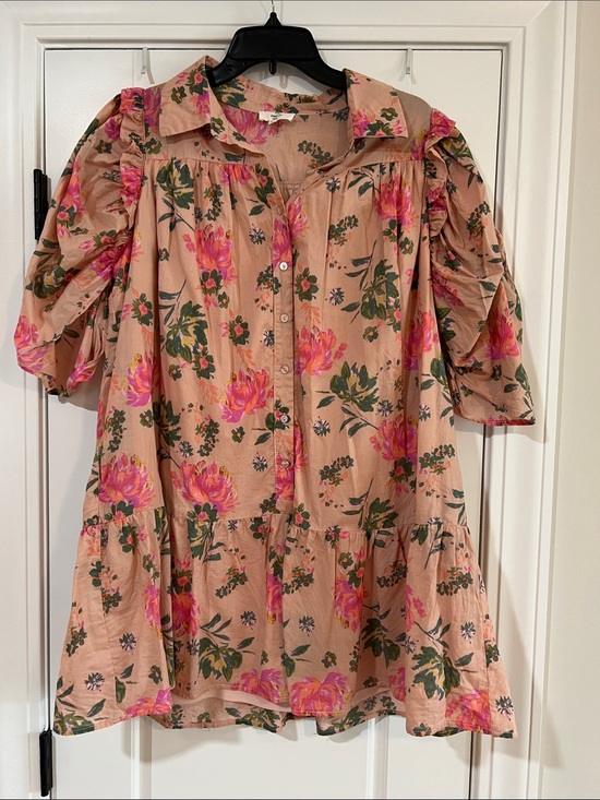 entro Dresses & Skirts - entro Pink Floral Button-Up dress with Green Accents